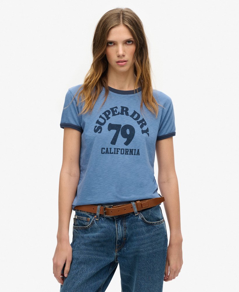 athletic essentials beach graphic ringer t-shirt in wedgewood blue