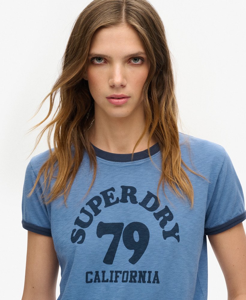 athletic essentials beach graphic ringer t-shirt in wedgewood blue