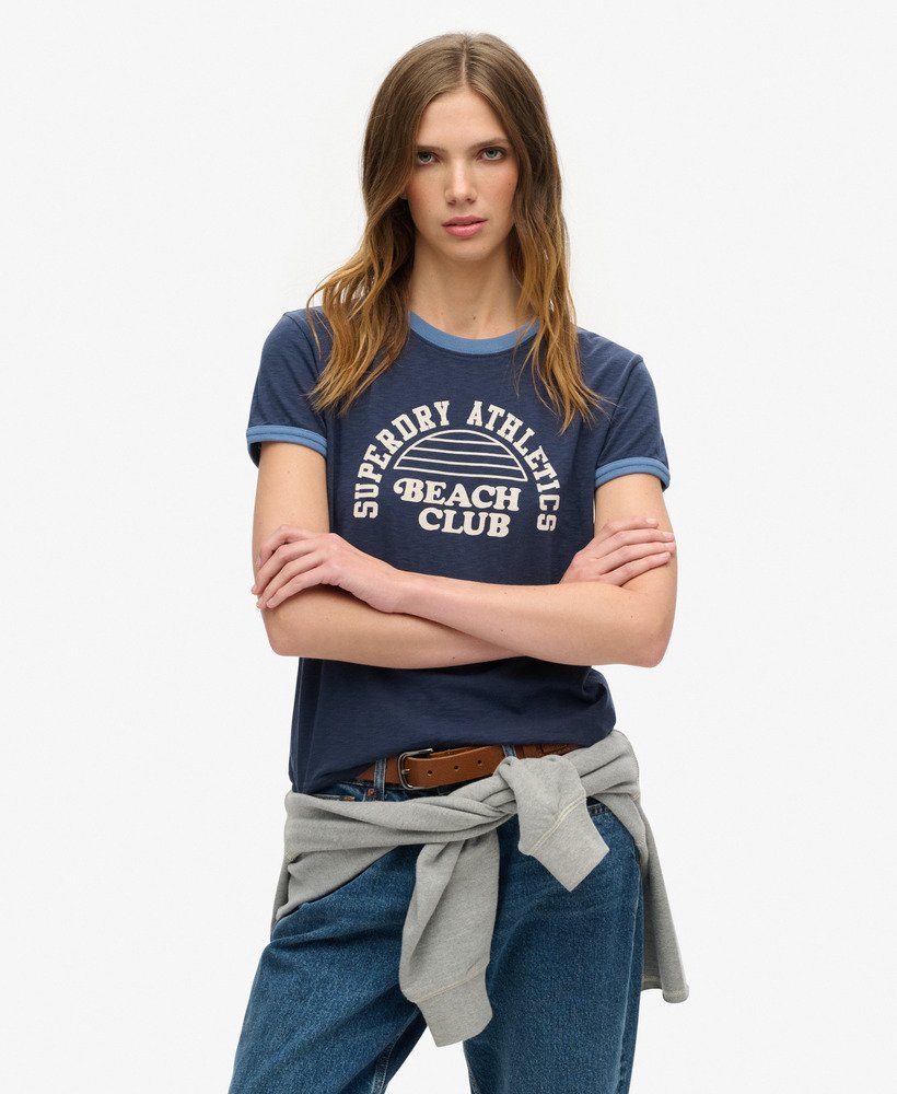 athletic essentials beach graphic ringer t-shirt in richest navy
