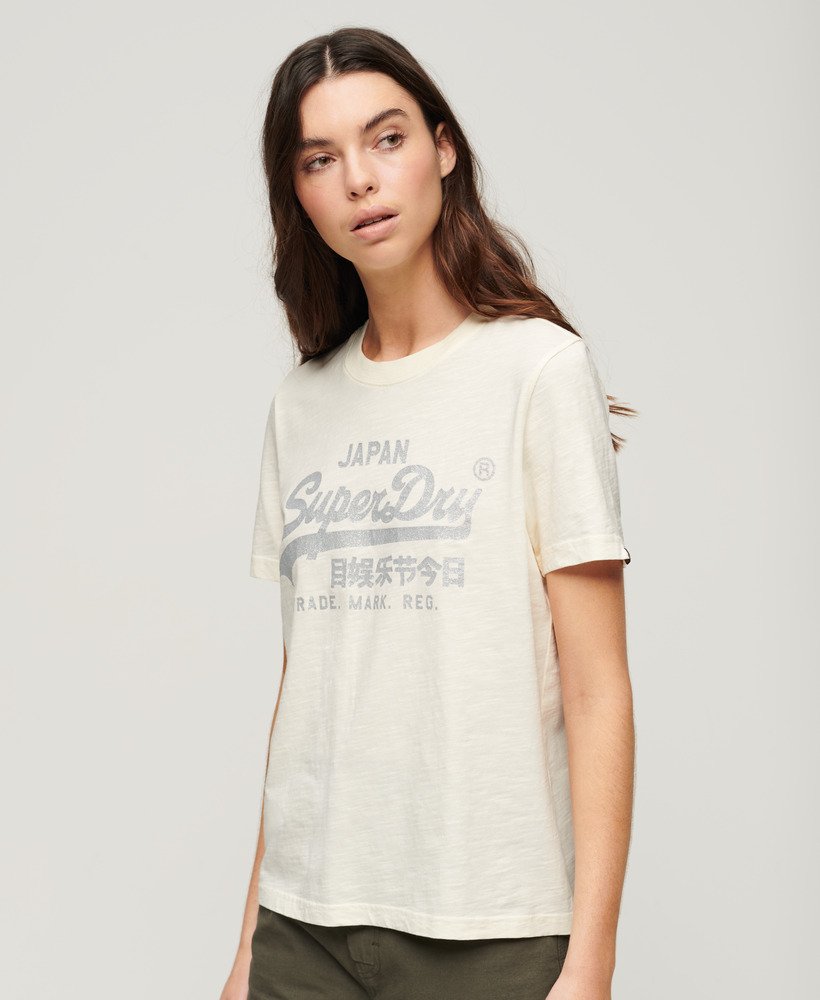 relaxed t-shirt met metallic logo in crèmekleurige slubstof.
