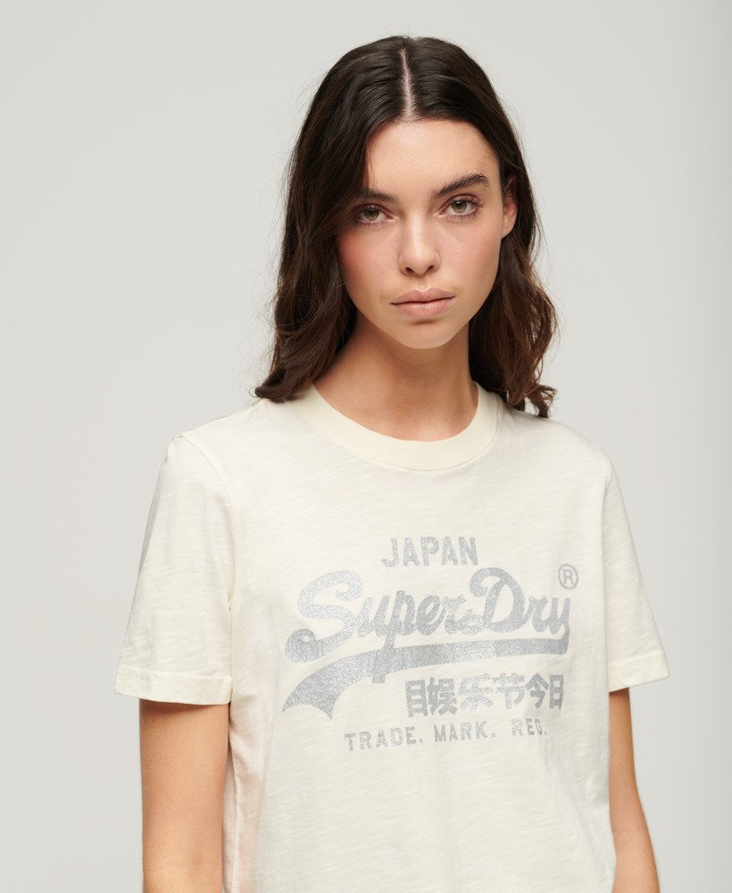 relaxed t-shirt met metallic logo in crèmekleurige slubstof.