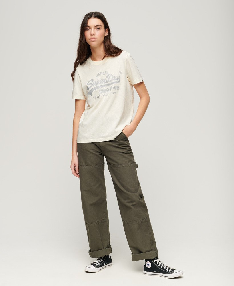 relaxed t-shirt met metallic logo in crèmekleurige slubstof.