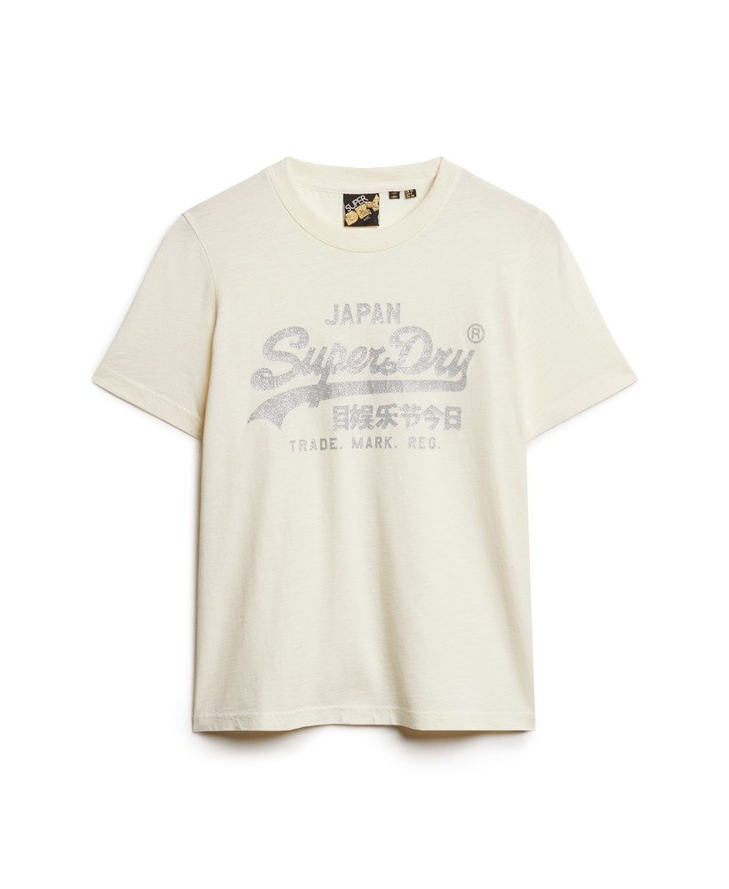 relaxed t-shirt met metallic logo in crèmekleurige slubstof.