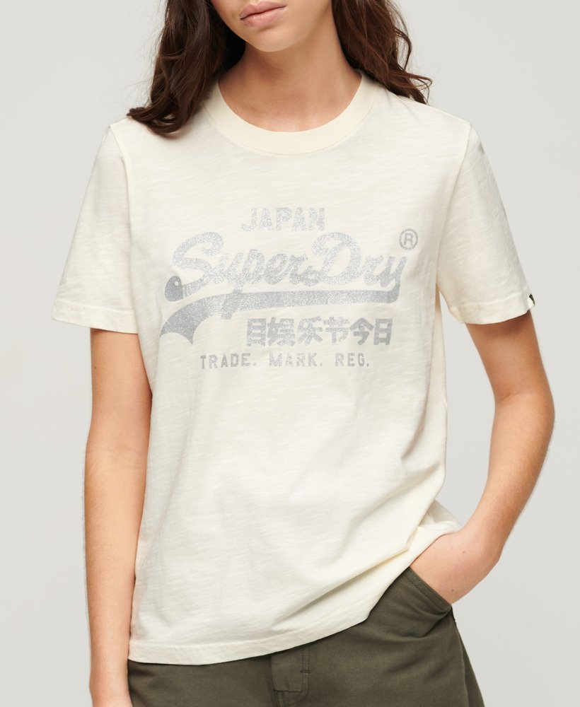 relaxed t-shirt met metallic logo in crèmekleurige slubstof.