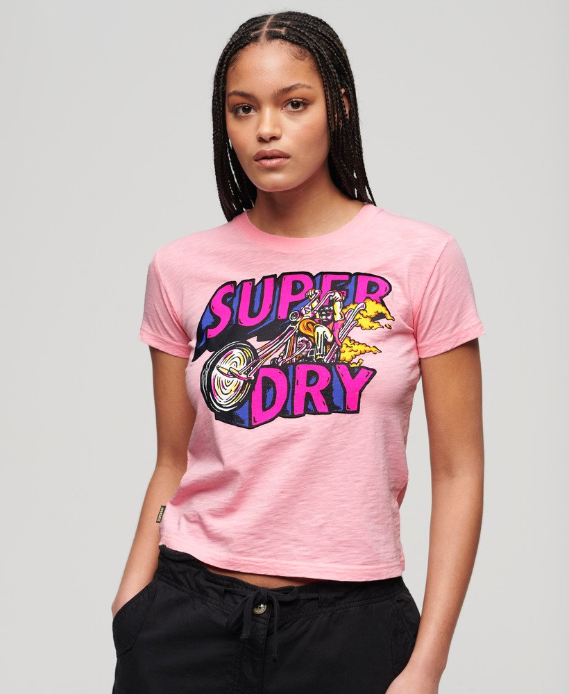 neon motor graphic fitted t-shirt in romance rose pink slub