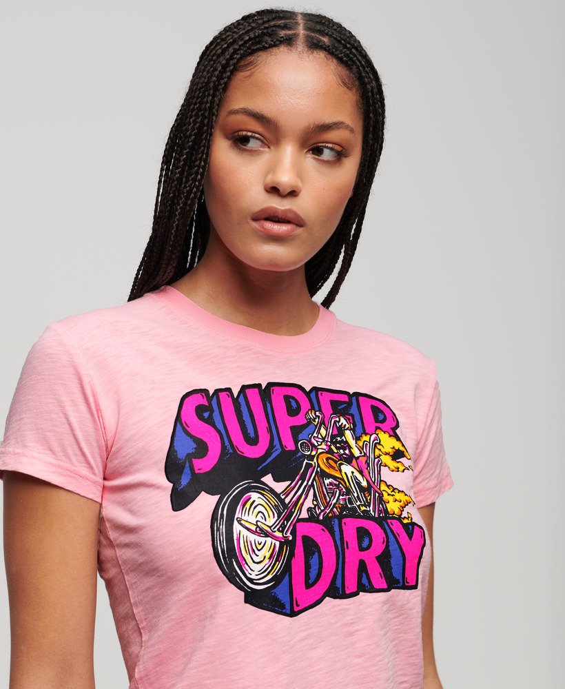 neon motor graphic fitted t-shirt in romance rose pink slub