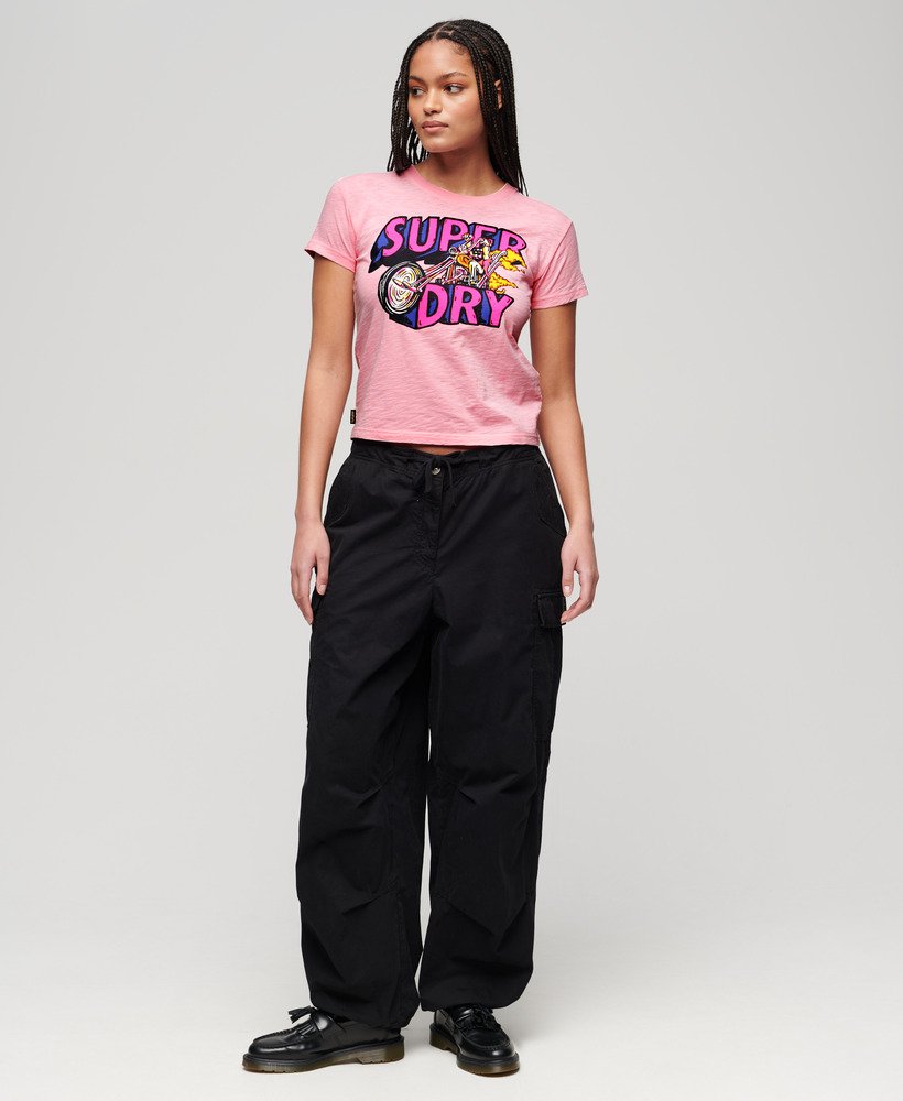 neon motor graphic fitted t-shirt in romance rose pink slub