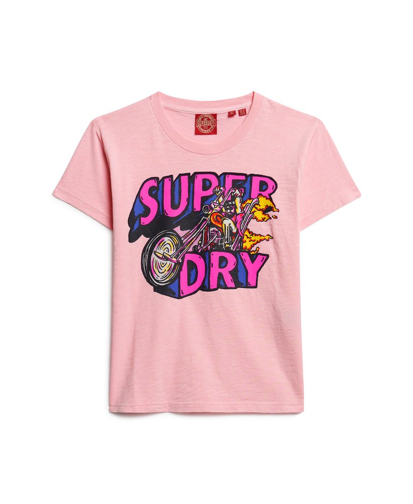 neon motor graphic fitted t-shirt in romance rose pink slub