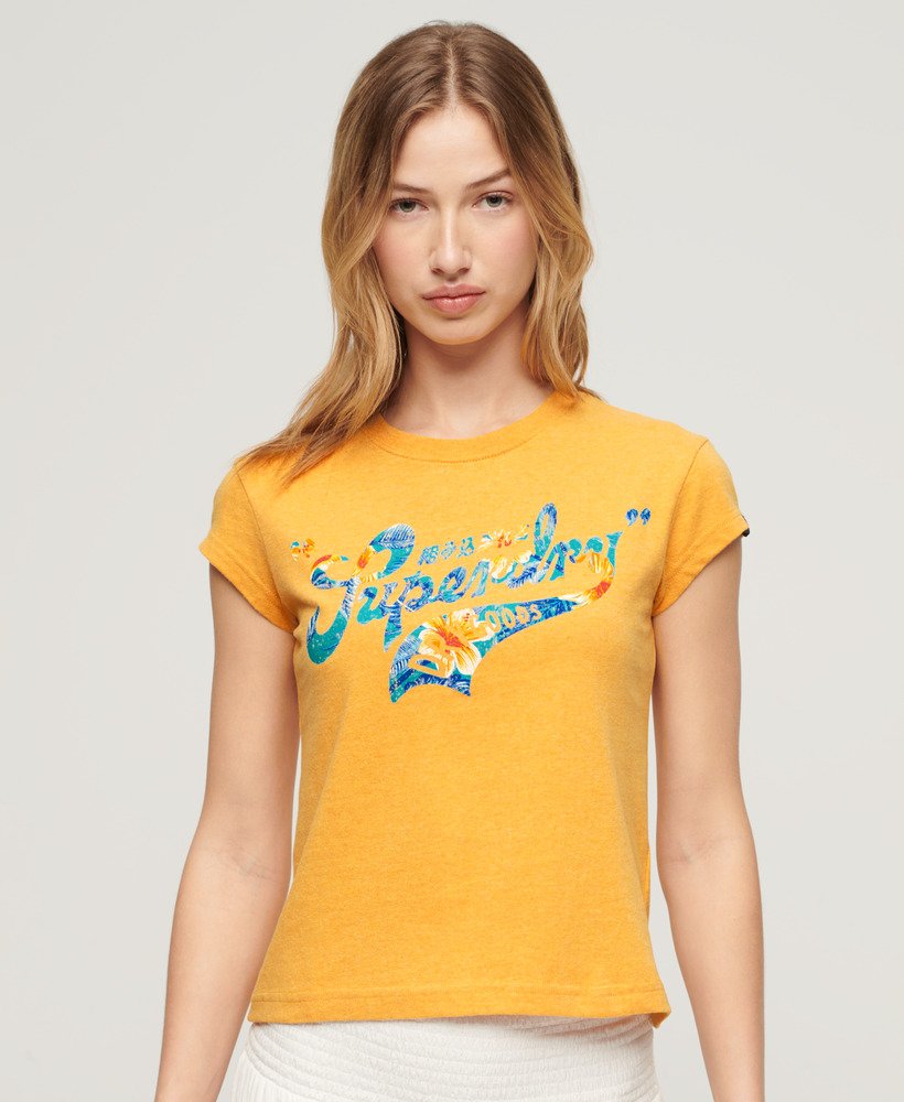 t-shirt met bloemenprint en korte mouwen in ambergeel gemêleerd