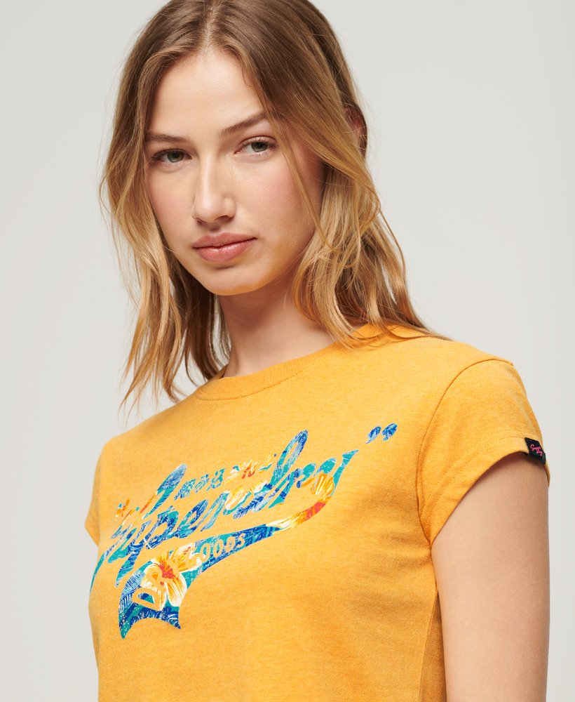 t-shirt met bloemenprint en korte mouwen in ambergeel gemêleerd