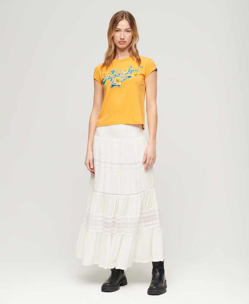 t-shirt met bloemenprint en korte mouwen in ambergeel gemêleerd