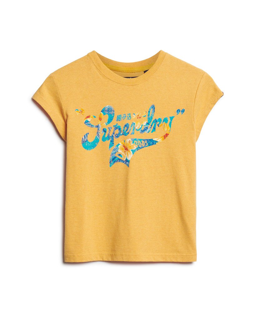 t-shirt met bloemenprint en korte mouwen in ambergeel gemêleerd