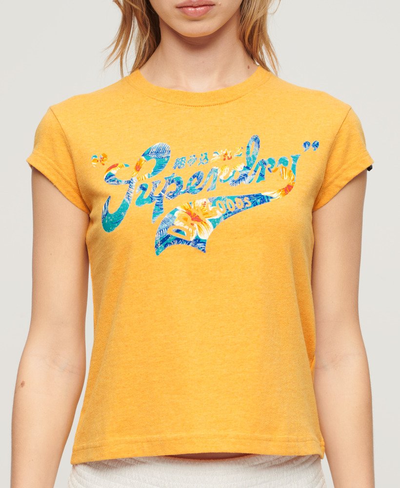 t-shirt met bloemenprint en korte mouwen in ambergeel gemêleerd