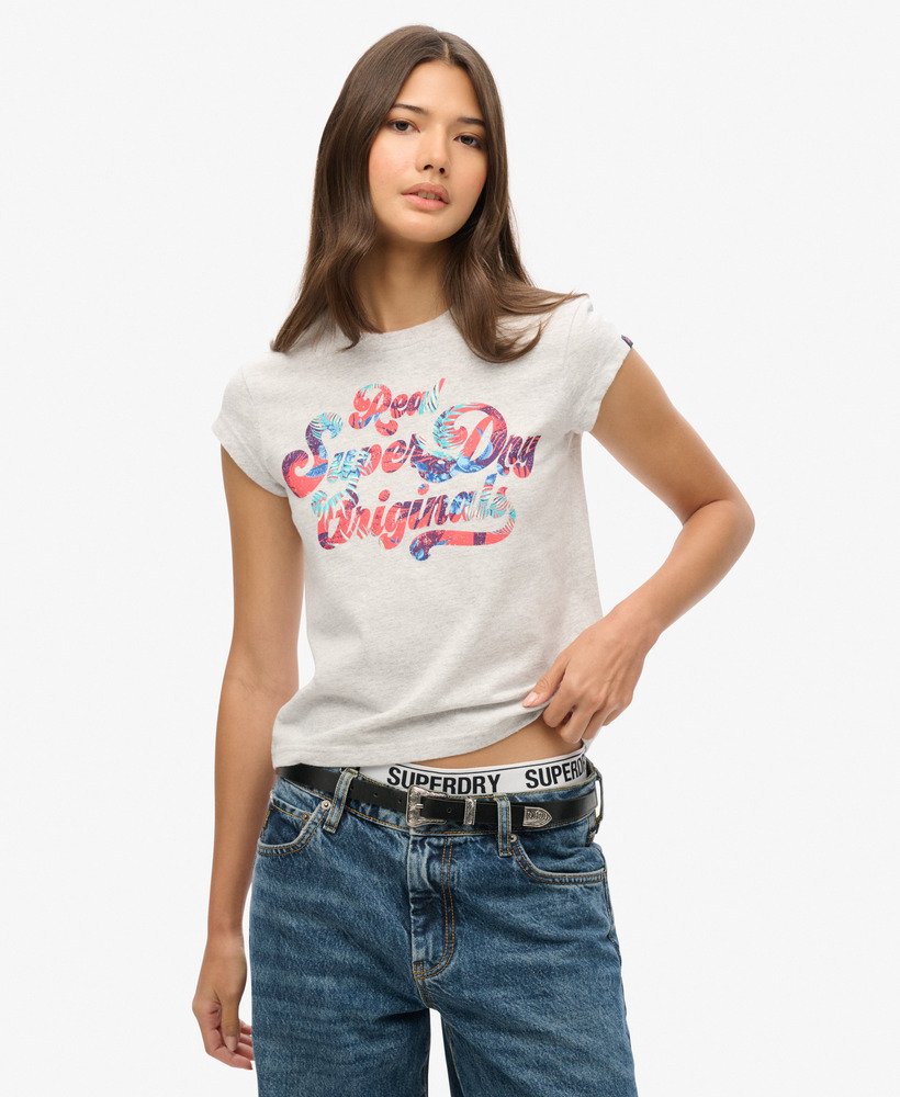 t-shirt met bloemenprint en korte mouwen in gemêleerd grijs.