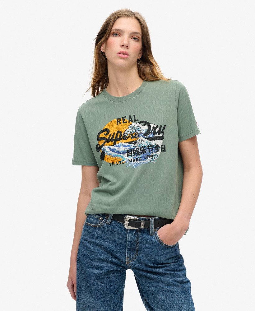 tokyo vintage logo graphic relaxed t-shirt in laurel khaki