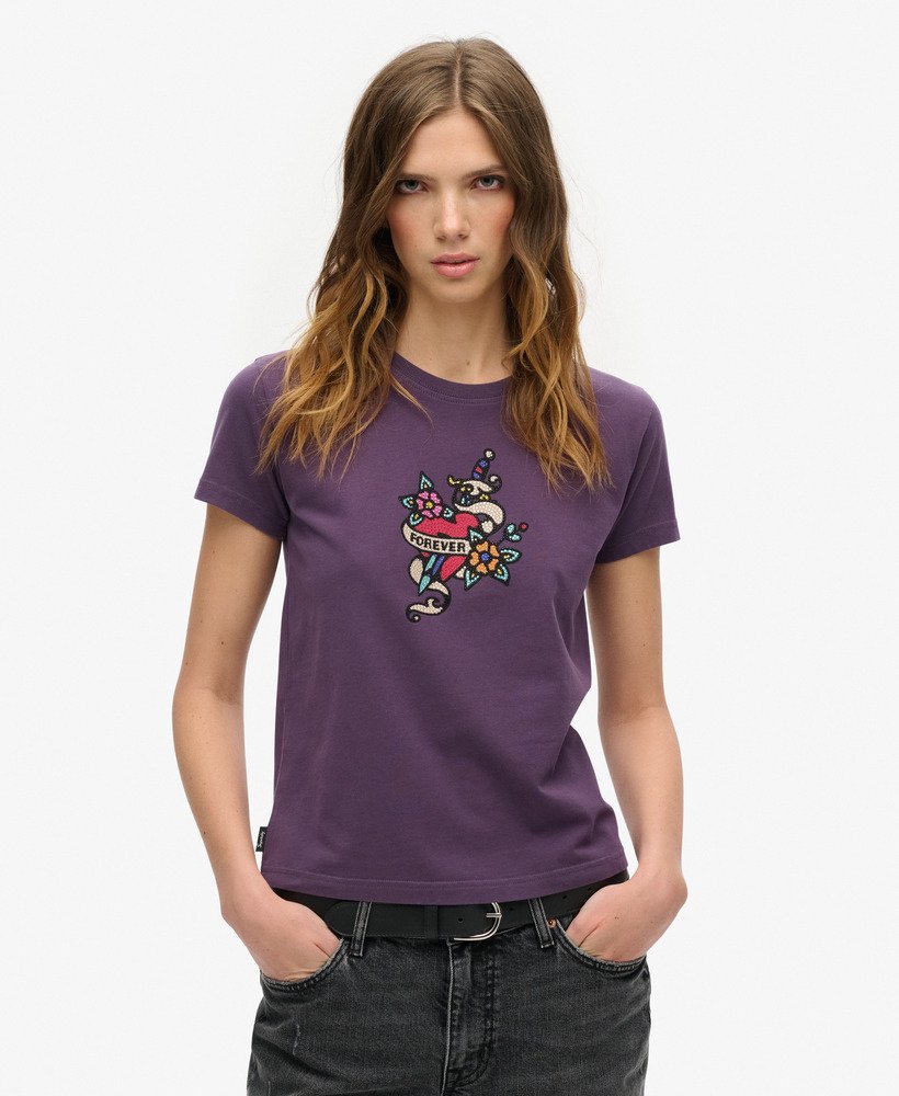 nauwsluitend t-shirt met kleine tattoo-strasssteentjes in roetpaars