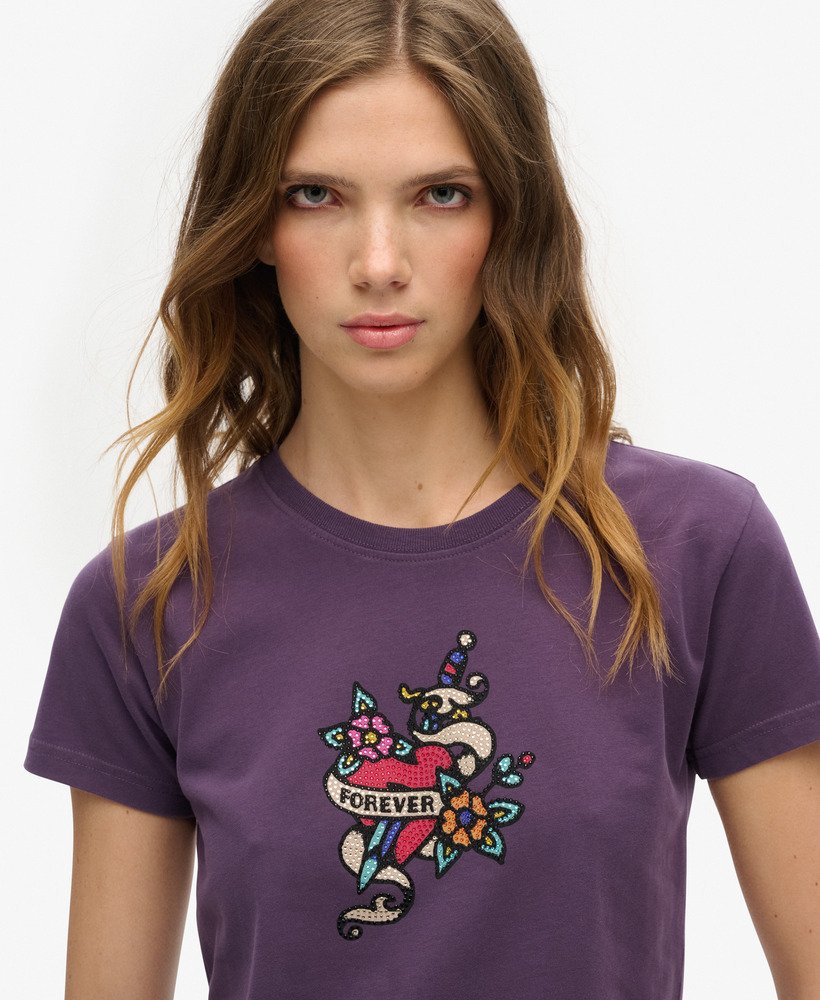nauwsluitend t-shirt met kleine tattoo-strasssteentjes in roetpaars