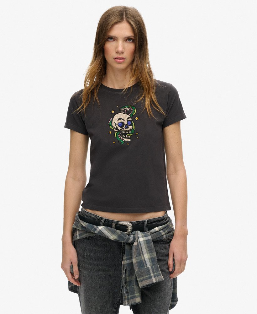 nauwsluitend t-shirt met kleine tattoo-strasssteentjes in bison black