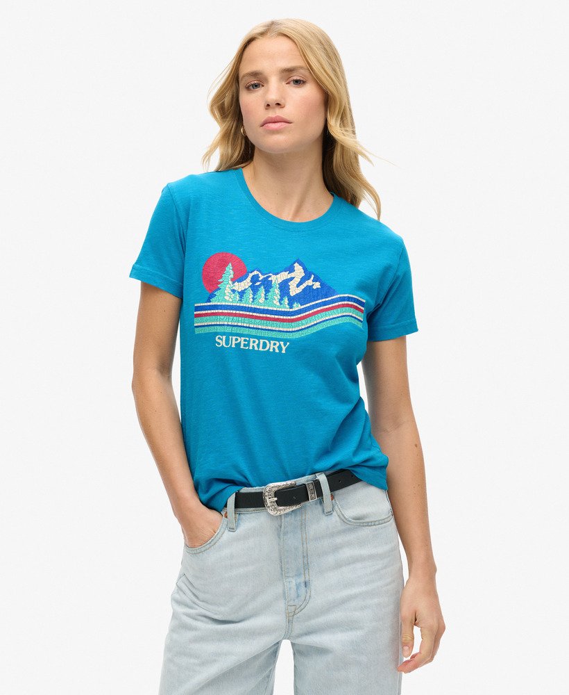 getailleerd t-shirt met outdoorstrepen in azuurblauwgroen.