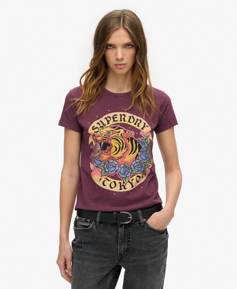 tattoo-t-shirt met strasssteentjes in vijgpaars