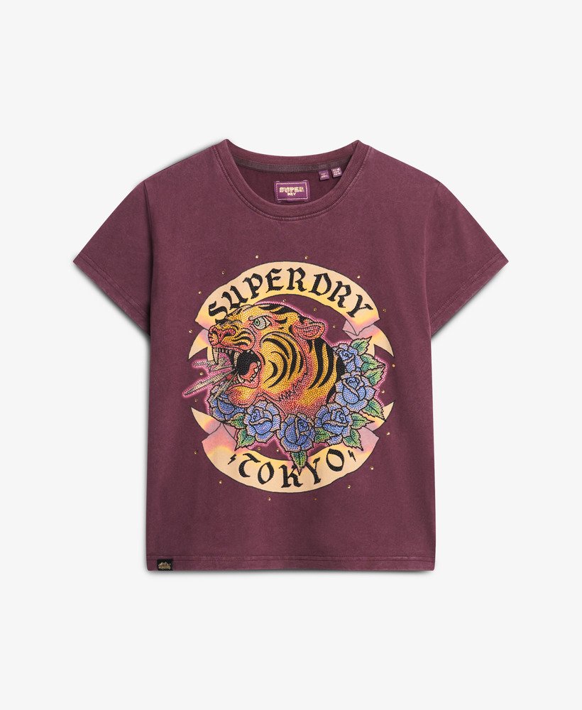 tattoo-t-shirt met strasssteentjes in vijgpaars
