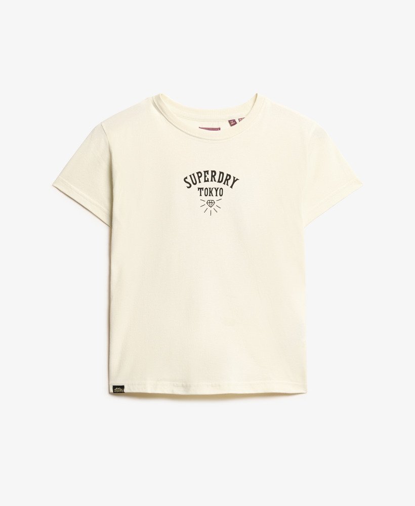 getailleerd t-shirt met tattoo- en strasssteentjes in rijstwit.