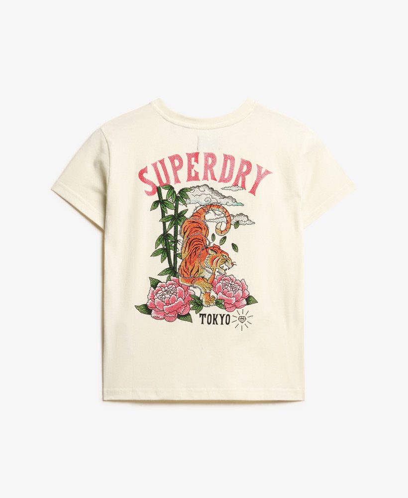 getailleerd t-shirt met tattoo- en strasssteentjes in rijstwit.