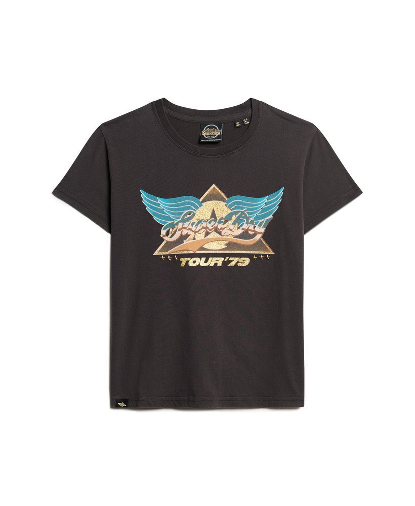 t-shirt met korte mouwen van een rockband uit de jaren 70 in blackboard-stijl.
