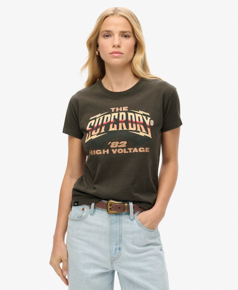 t-shirt met korte mouwen in vintage zwart geïnspireerd op een rockband uit de jaren 70.