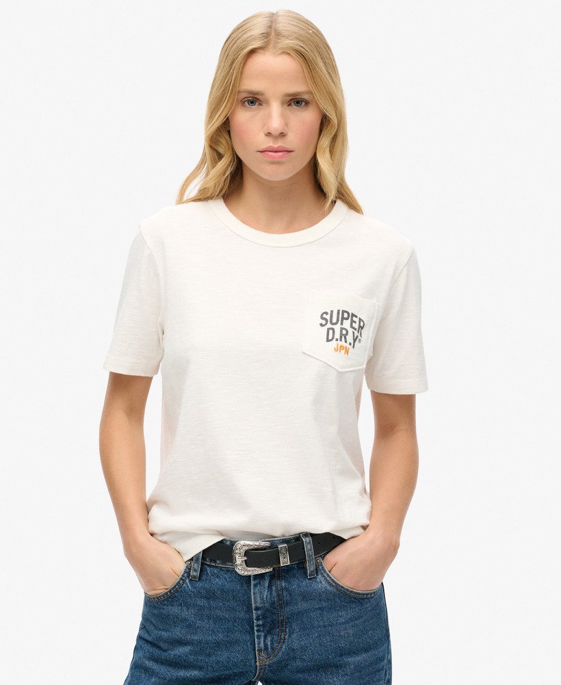 werkshirt met geborduurde zakken in gebroken wit.