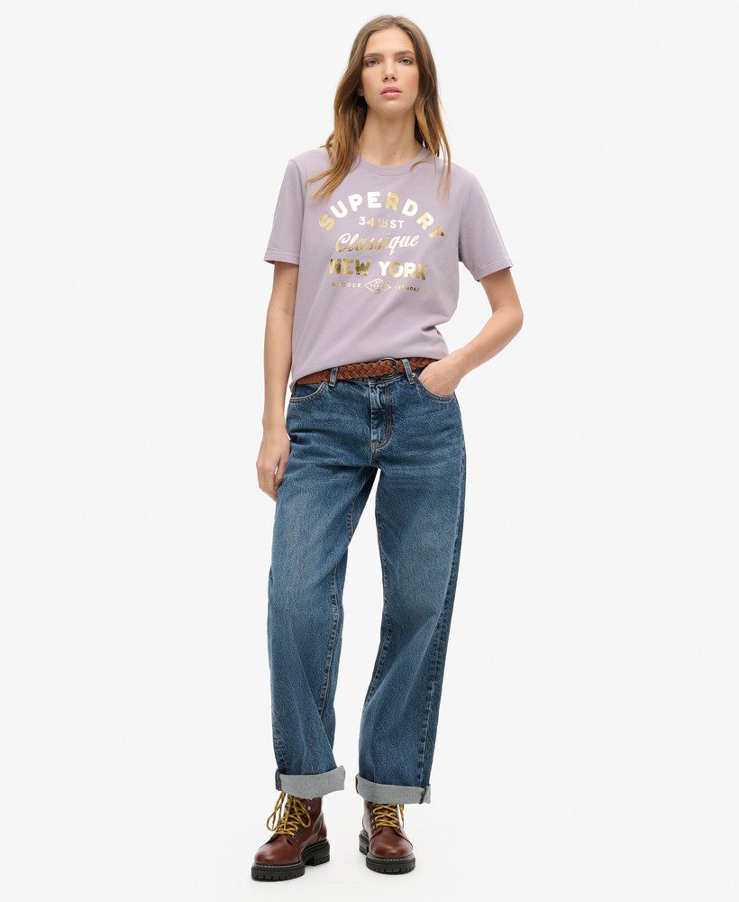 luxe metallic logo relaxed t-shirt in brassica lilac