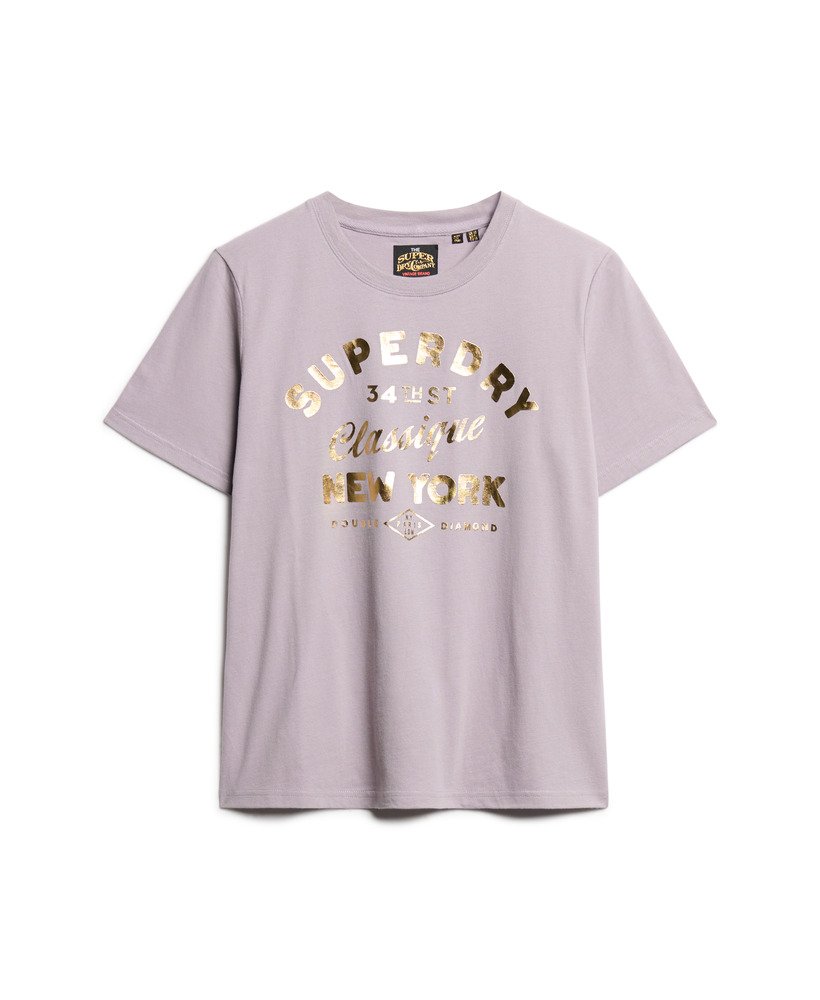 luxe metallic logo relaxed t-shirt in brassica lilac