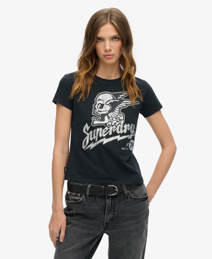 getailleerd t-shirt met versierde poster in gitzwart