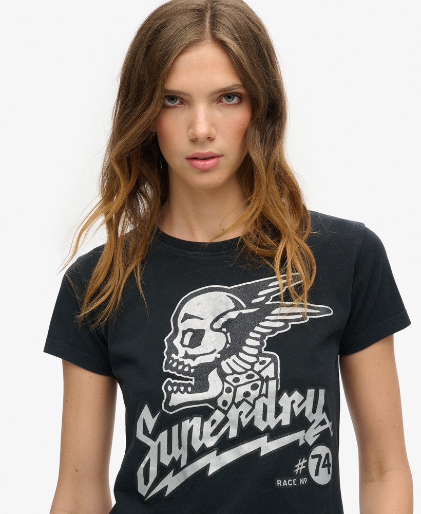 getailleerd t-shirt met versierde poster in gitzwart