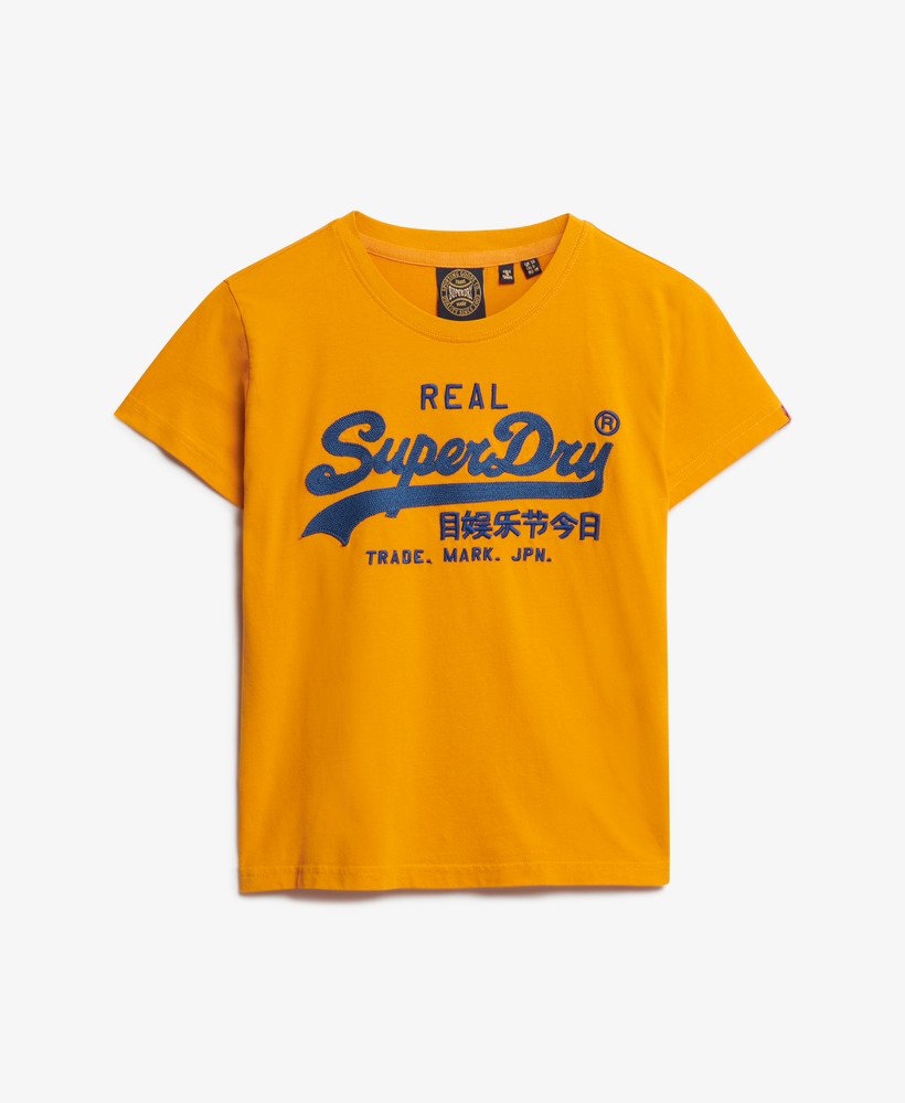 getailleerd t-shirt met geborduurd vintage logo in track gold