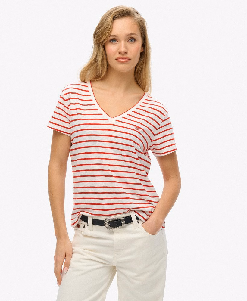 Geborduurd T-shirt met V-hals en slub-structuur