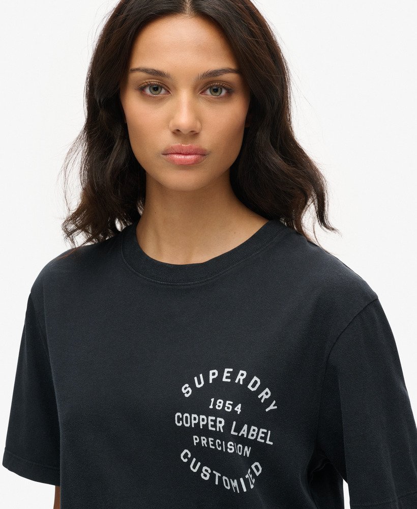oversized copper label t-shirt met grafische print op de borst in gitzwart.