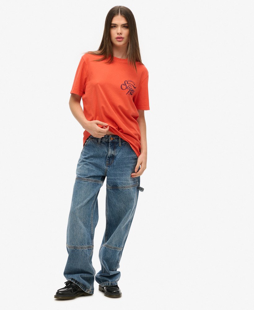 oversized copper label t-shirt met grafische print op de borst in denim co roestoranje