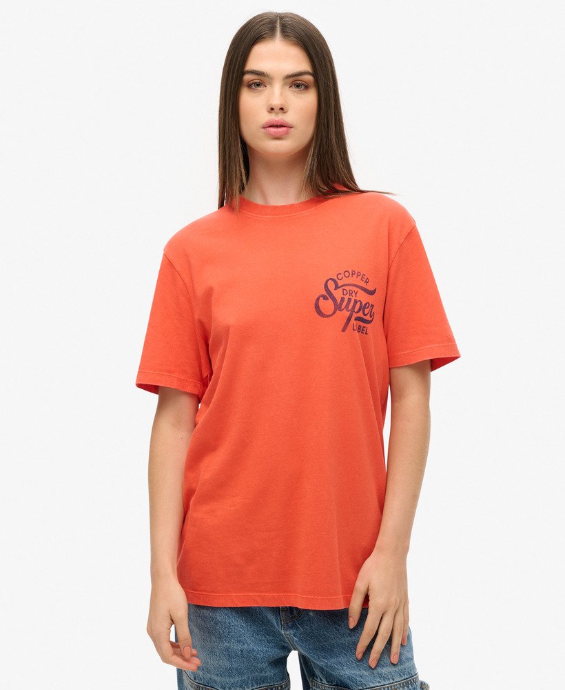 oversized copper label t-shirt met grafische print op de borst in denim co roestoranje