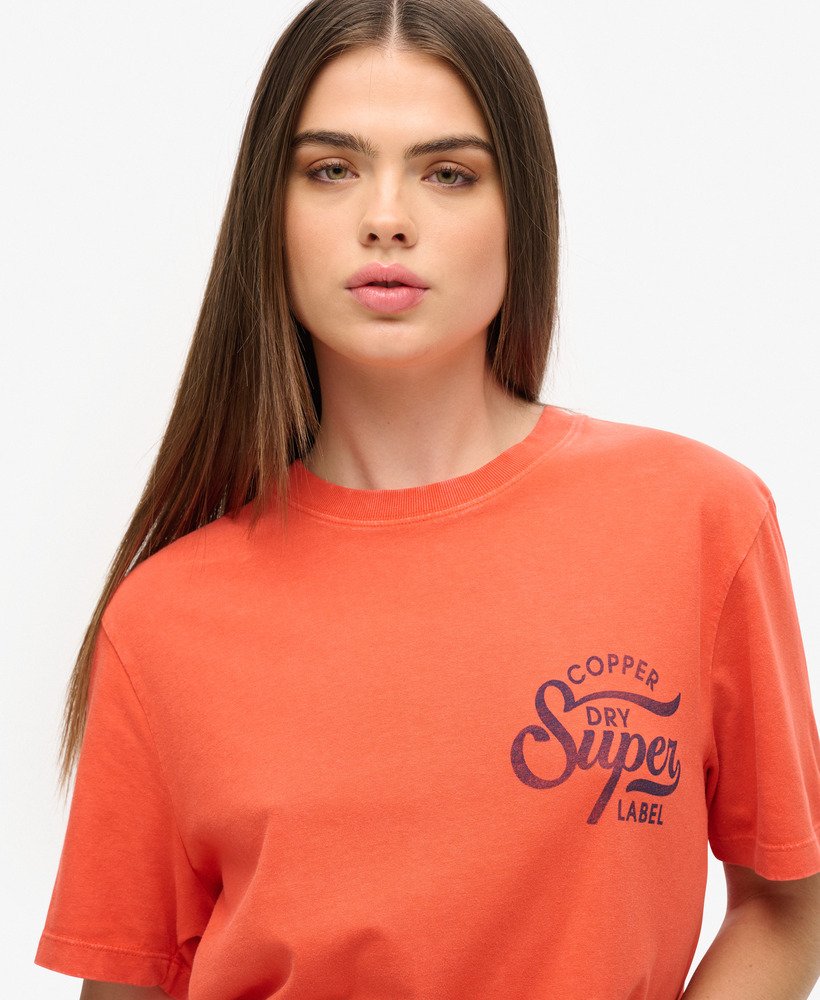 oversized copper label t-shirt met grafische print op de borst in denim co roestoranje
