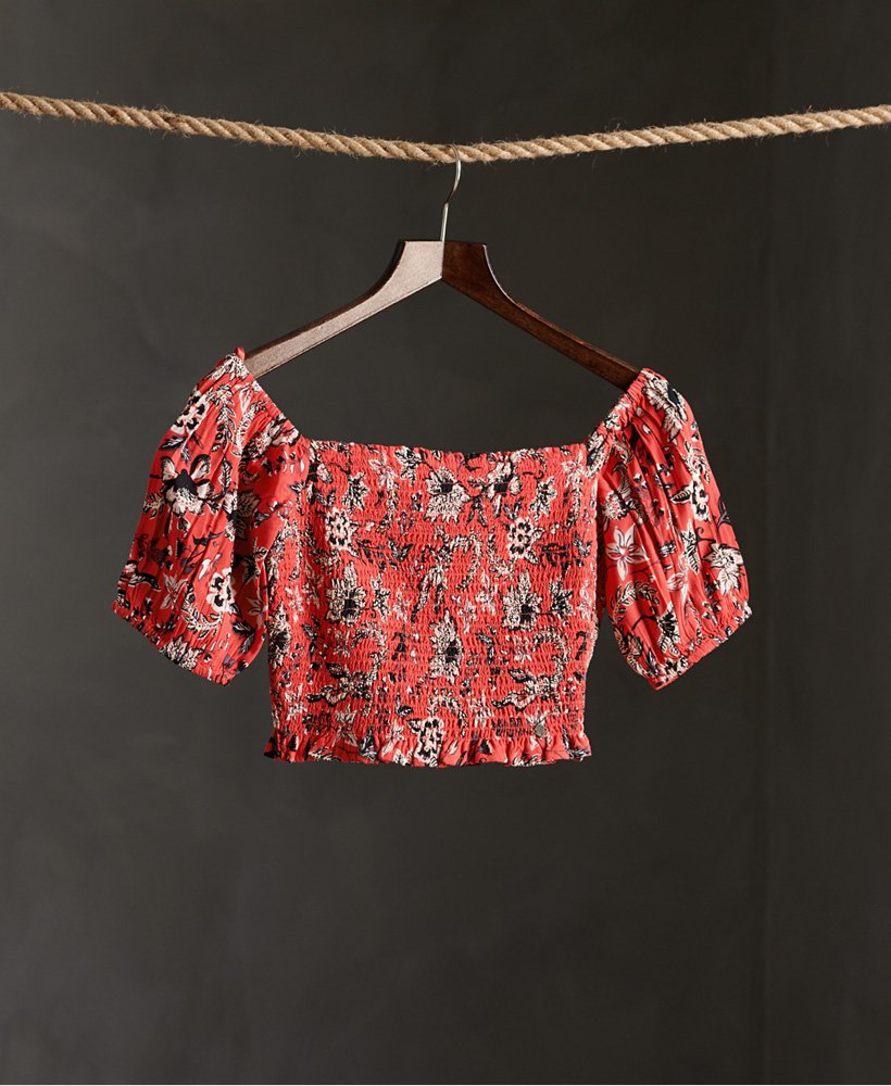 kala top met smockwerk in rood aop