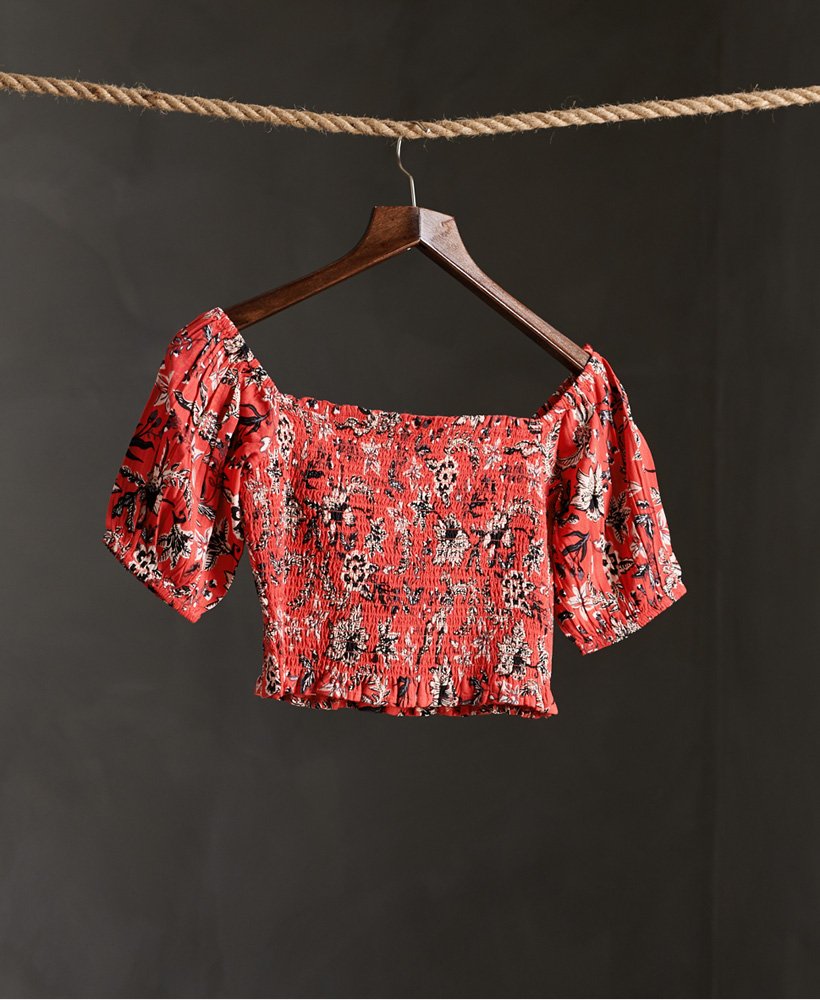 kala top met smockwerk in rood aop