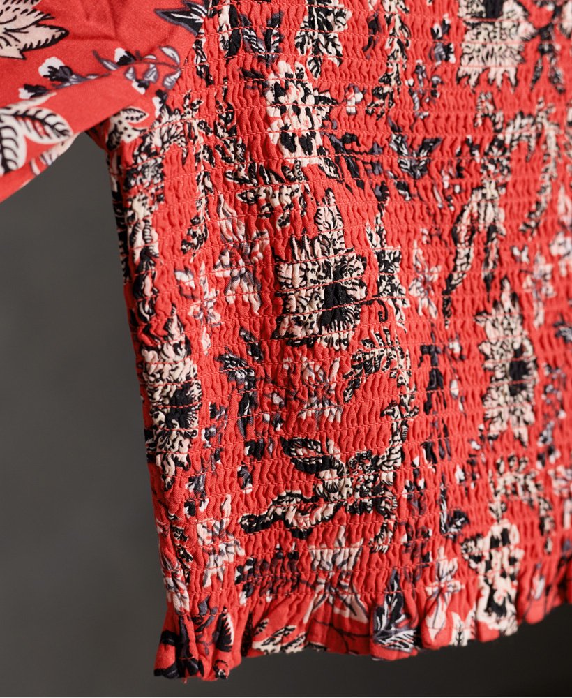 kala top met smockwerk in rood aop