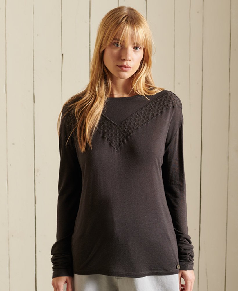 rock lace top met lange mouwen van jersey in vintage zwart