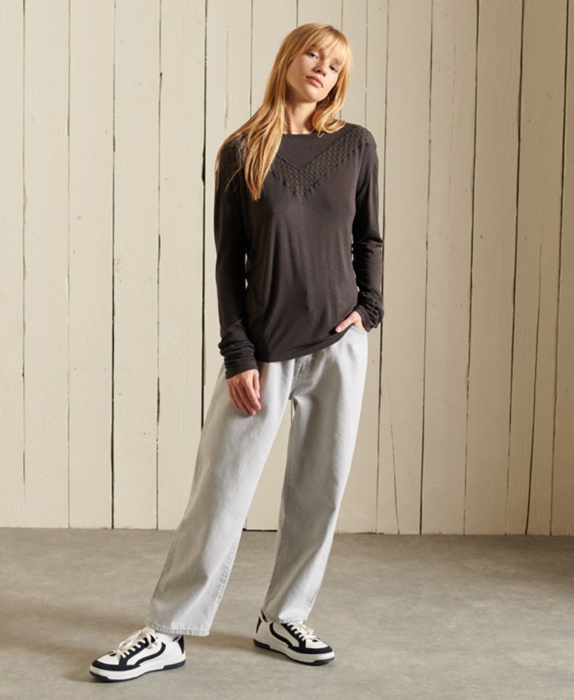 rock lace top met lange mouwen van jersey in vintage zwart