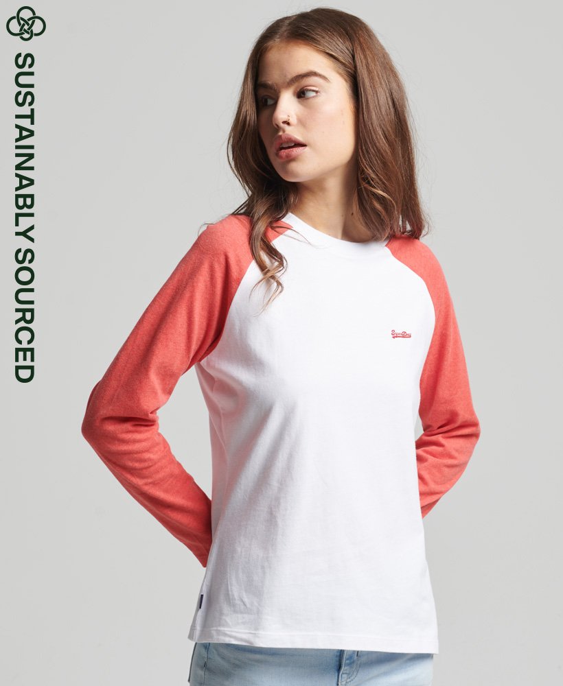 vintage baseballtop met lange mouwen van biologisch katoen in de kleur opticcoral reef marl.