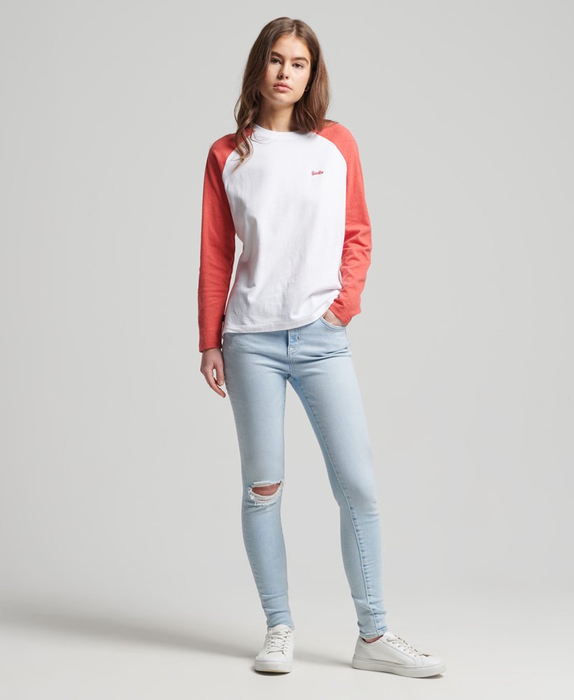 vintage baseballtop met lange mouwen van biologisch katoen in de kleur opticcoral reef marl.