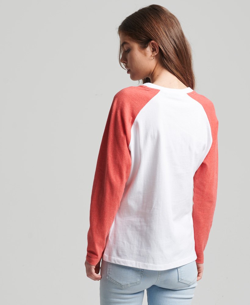 vintage baseballtop met lange mouwen van biologisch katoen in de kleur opticcoral reef marl.