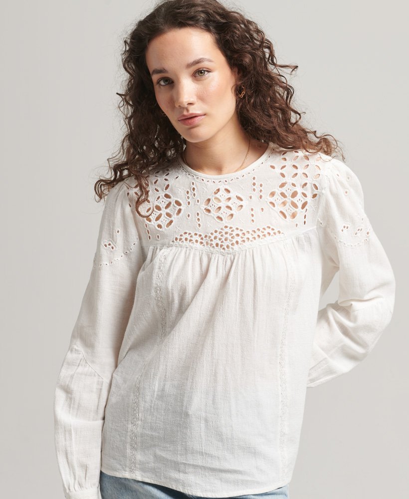 vintage top met lange mouwen en opengewerkt patroon in ecru
