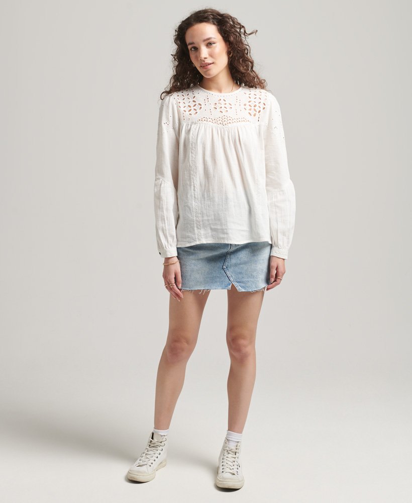 vintage top met lange mouwen en opengewerkt patroon in ecru